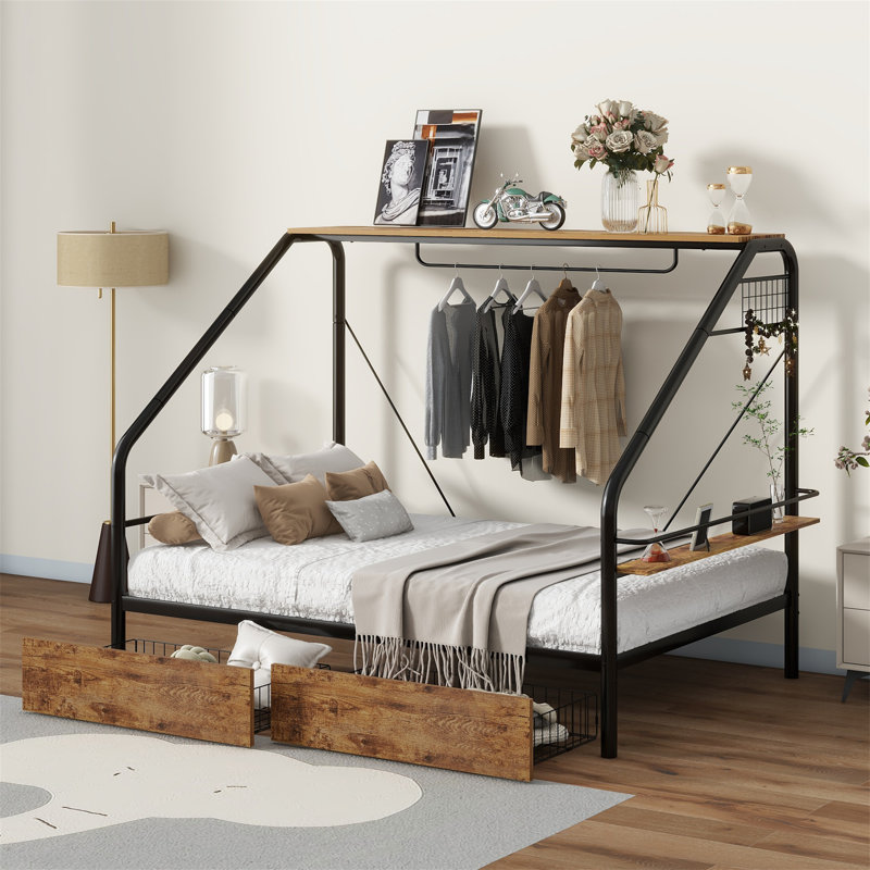 17 Stories Full Size Metal Frame Platform Bed with Clothes Rack Storage Shelves and 2 Drawers Black Wayfair